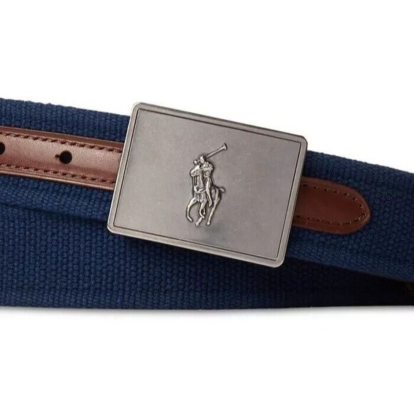 NWT Polo Ralph Lauren MEN'S BELT  40  Pony Plaque Canvas & Leather Navy - Picture 2 of 5